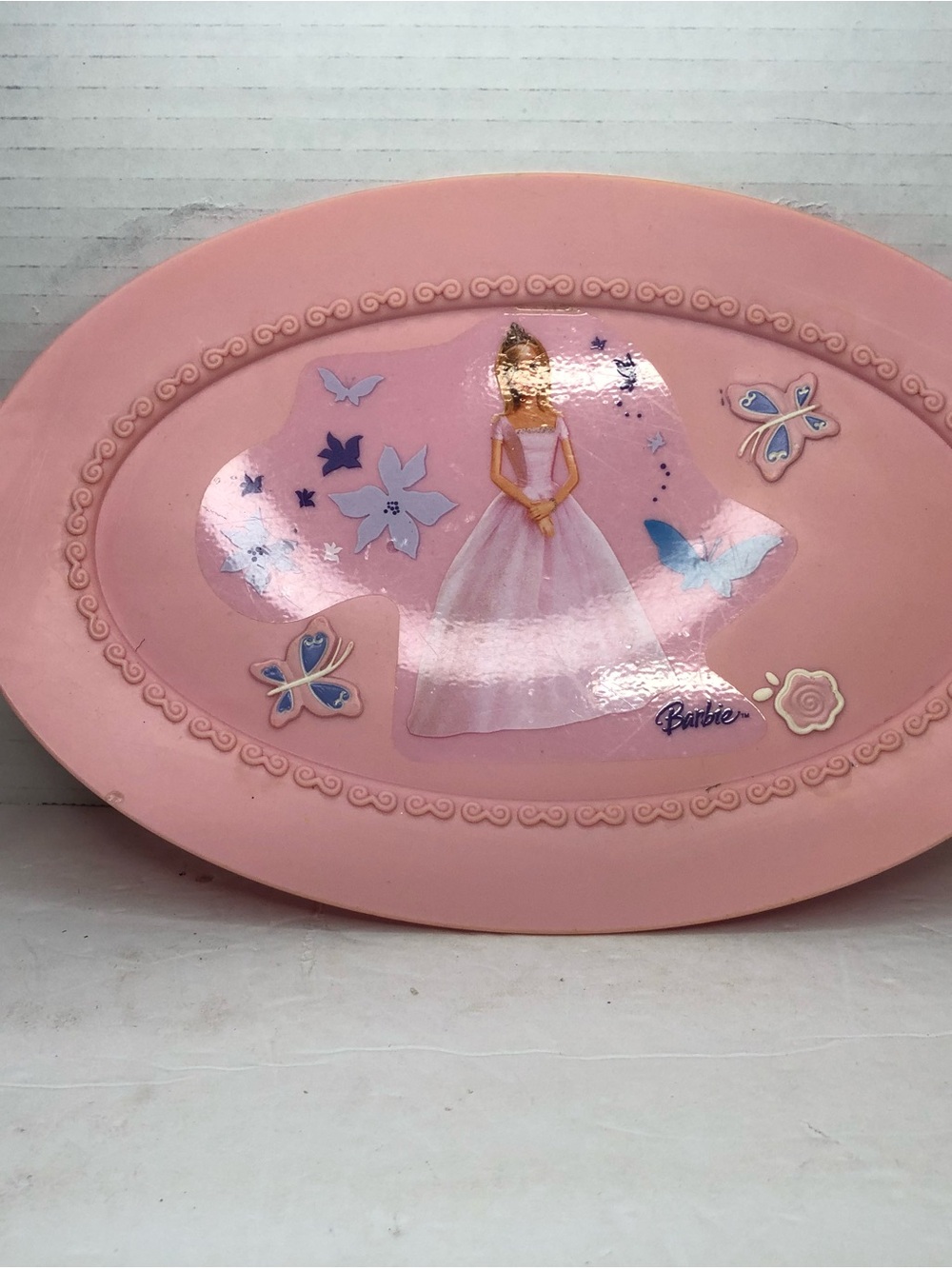 Vintage Barbie Pink Butterfly Princess Dress Plate Design - Pink & Blue Accents